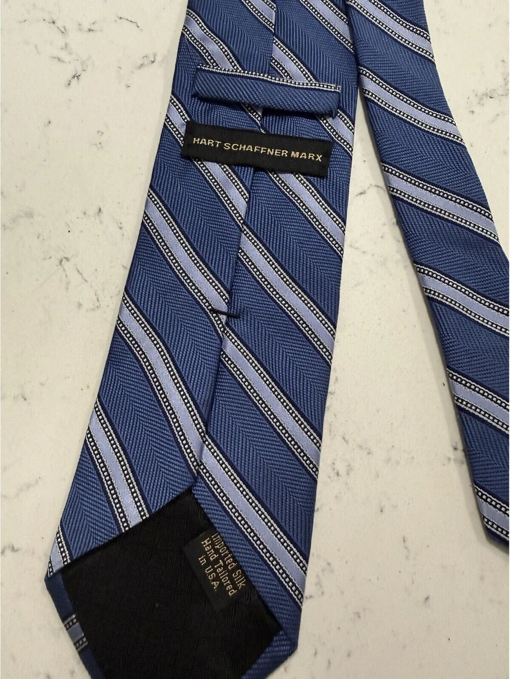VTG HART SCHAFFNER MARX Men's 100% Silk Necktie USA Designer STRIPED Blue